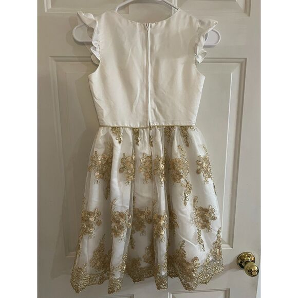 Girls Size 10 White Gold Formal Dress Floral Lace Rare Editions Flower Girl - Picture 2 of 7